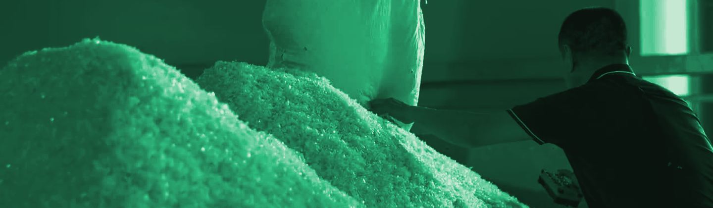 Resina de PET reciclado limpa na saída do processo, duotom verde